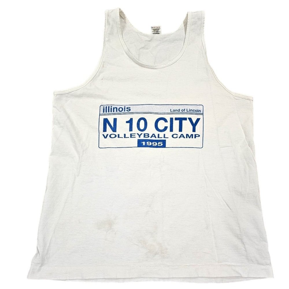 90s Volleyball Camp Springfield Illinois License Plate Graphic White Tank M/L